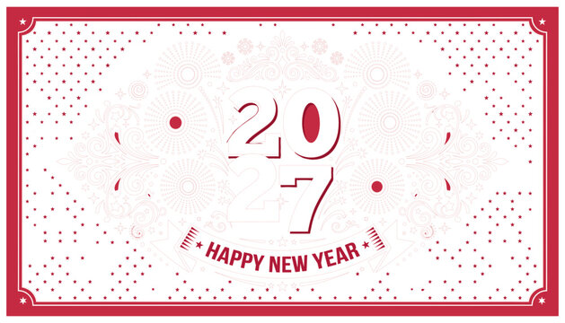 Happy New Year Emblem Design with Red Numbers and Ornate Fireworks Patterns Framed by Dotted Border Featuring Newyear