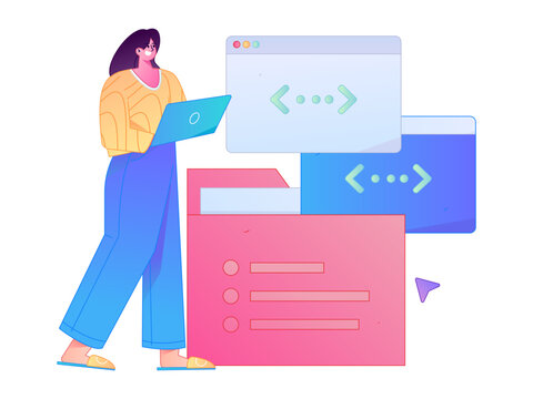 Programming teaching development flat character vector concept operation hand drawn illustration
