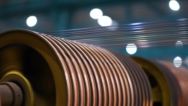 copper wire making process. wire drawing at factory. bronze coating thin wire running in machine close up. copper spools, winding spool of wire. copper, Galvanized Steel Wire. High carbon steel wire