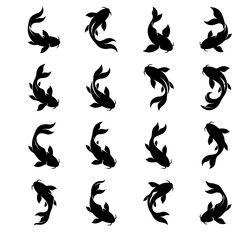 Obraz premium Sixteen black silhouette koi fish displayed in a grid, showing diverse swimming postures and flowing fins isolated on a white background