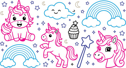 Obraz premium Cute Unicorn Line Art Vector Set with Rainbow, Magic Wand, Cupcake, Cloud, and Star Elements for Kids Coloring Book and Sticker Designs