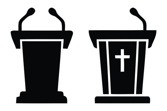 Silhouette of two lectern podiums with microphones on white background for church or debate event design