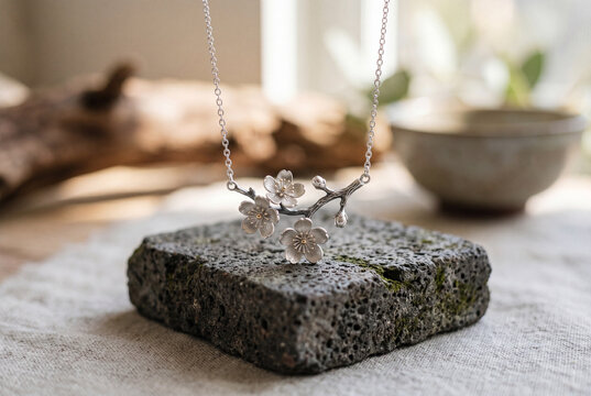 Elegant Silver Cherry Blossom Branch Necklace on Natural Stone Display
