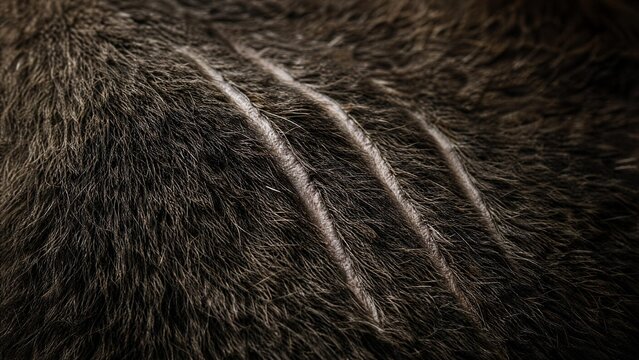 Extreme close-up of thick, coarse animal fur with three parallel white scar marks.