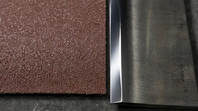 Coarse sandpaper next to a polished metal strip.