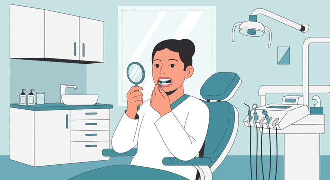 Woman examines teeth in dentist chair with mirror, dental hygiene concept