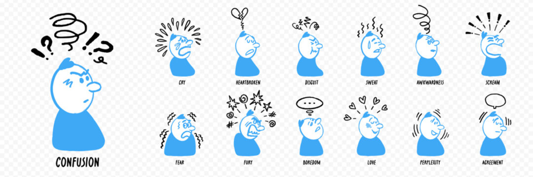 Comic character expression set with doodle style faces and motion effects showing emotions like confusion, cry, and fury in a simple hand drawn look. Comic character expressions with line effects.