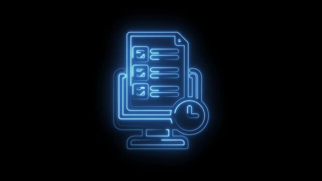 Digital checklist on computer screen with glowing neon lines and clock icon symbolizing task