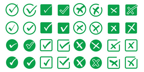 Check tick mark icon set, hand drawn cross box x check mark checkbox v, sketch marker checklist symbol right and wrong set, brush marker checklist symbol, Hand drawn doodle vote yes no © HIKE  Studio  1