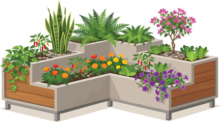 Fototapeta premium Composition of different plants and flowers in a trendy outdoor urban planter vector art in a white background