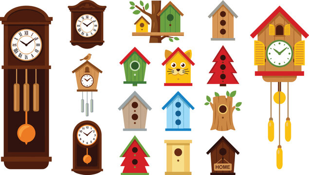 Grandfather Clock, Cuckoo Clock and Birdhouse Collection &ndash; Flat Vector Illustration Set