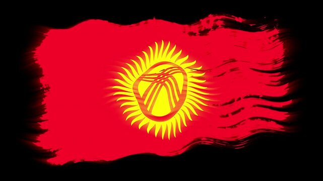 Waving torn Kyrgyzstan flag grunge brush burn light leaks, transparent background alpha channel loop full HD
