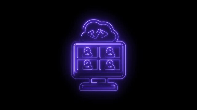 Neon glowing cloud computing icon with coding symbols and multi-user video conference display on