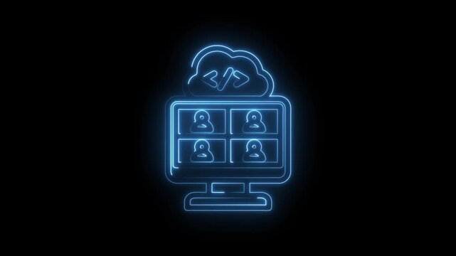 Neon blue glowing cloud computing icon with code symbols and multiple user profiles displayed on