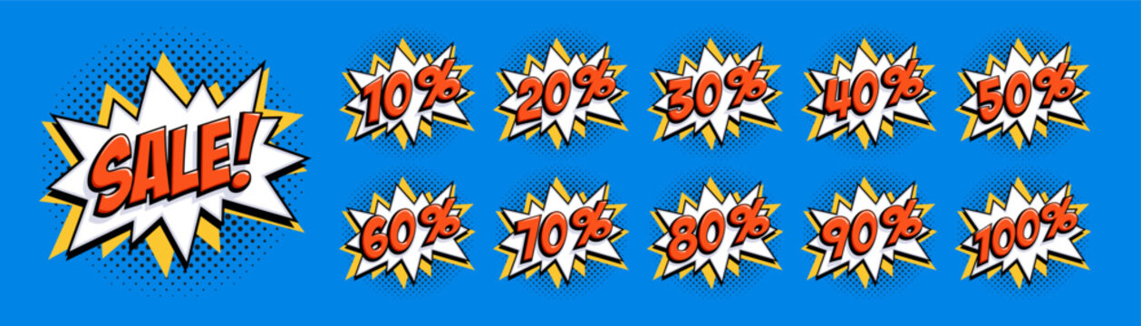 Pop art sale badges with white starbursts, red lettering and yellow accents on bright blue background with halftone dots. Dynamic discount icons in comic style with explosive shapes..