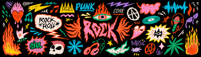 Rock punk doodle sticker set with music symbols, fire, headphones and scribble elements in colorful funky crayon style on black background. Punk rock graphics for posters and merch © ✦ Bizarre Factory ✦