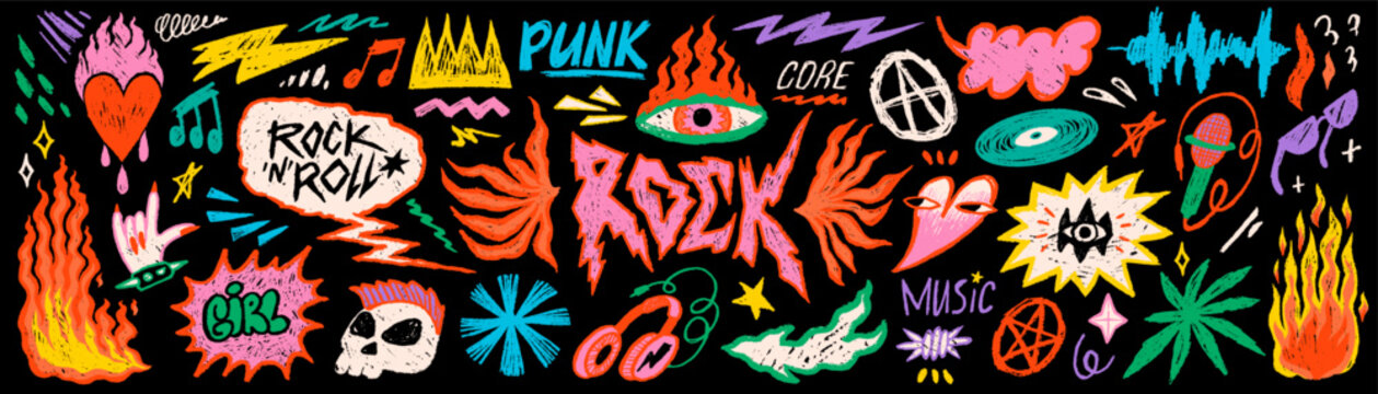 Rock punk doodle sticker set with music symbols, fire, headphones and scribble elements in colorful funky crayon style on black background. Punk rock graphics for posters and merch