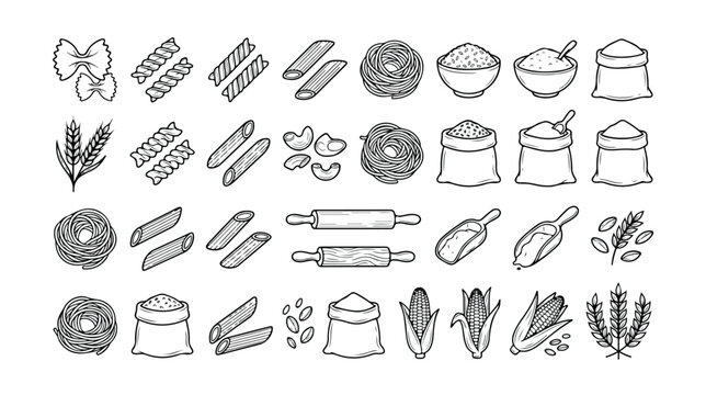 Set of 35 Pasta, Flour, and Grain Hand-Drawn Outline Icons Vector