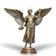 Obraz premium Elegant bronze archangel statue isolated on white, highlighting classical craftsmanship, spirituality, faith, and timeless religious art traditions.