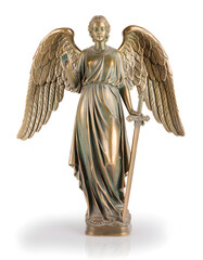 Obraz premium Elegant bronze archangel statue isolated on white, highlighting classical craftsmanship, spirituality, faith, and timeless religious art traditions.