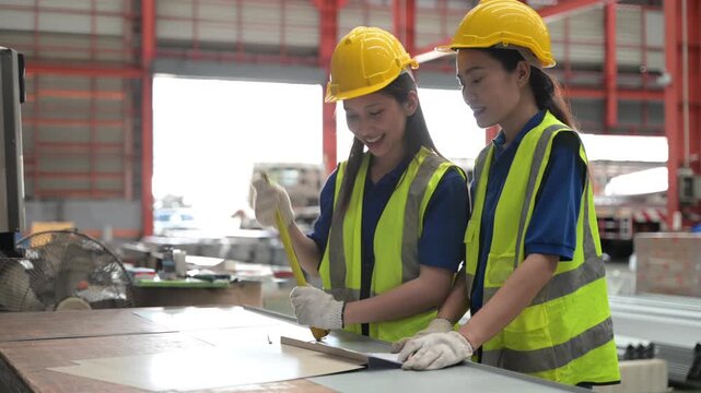 Industrial workers checking technical drawings together