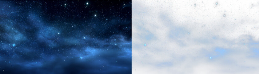 Star field night sky png with sparkling galaxy lights, cosmic dust glow and abstract space background design. © Artem