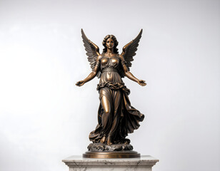 Obraz premium Elegant bronze archangel statue isolated on white, highlighting classical craftsmanship, spirituality, faith, and timeless religious art traditions.