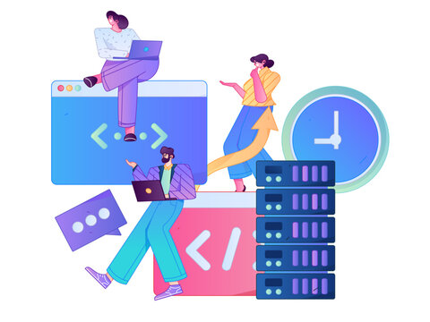 Programming teaching development flat character vector concept operation hand drawn illustration
