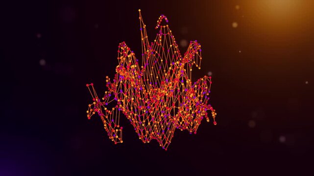 Animated Netherlands map reveal created from neural network nodes and flowing data connections with connected intelligence text on a glowing purple orange technology background.