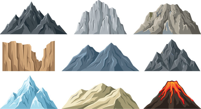 Landscape Mountain and Volcano Vector Element Set Featuring Snowy Peaks, Erupting Lava, Icebergs, Canyons, Rocks, and Hills for Gaming and Map Designs