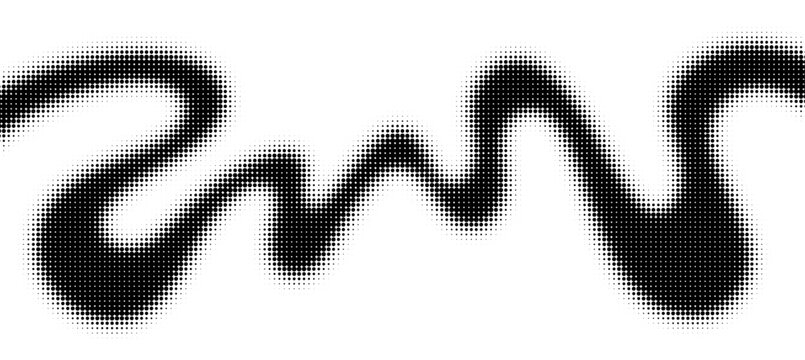Abstract halftone background with dynamic wavy ribbon pattern. Curved line made of digital dots and particles on an isolated white background, minimalist fluid design. Overlay vector halftone stamp