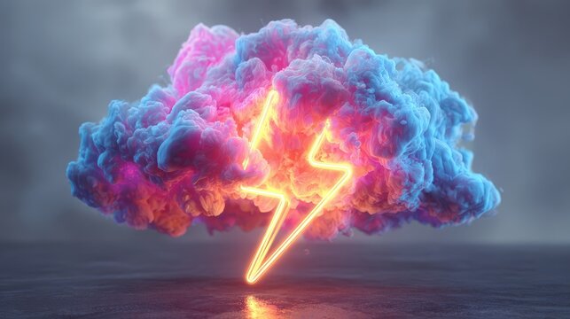 3d render, abstract minimalist background. Colorful cloud and neon lightning symbol. Stormy cumulus with glowing thunder sign.