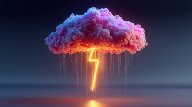 3d render, abstract minimalist background. Colorful cloud and neon lightning symbol. Stormy cumulus with glowing thunder sign.