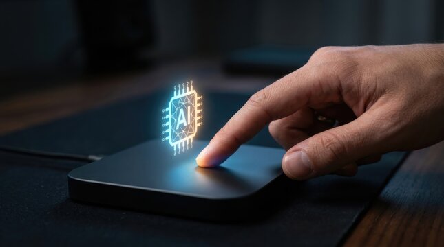 Man touching glowing hologram of computer chip with AI text on electronic device. Future innovative technology for neural network development. Automated digital assistant system concept.