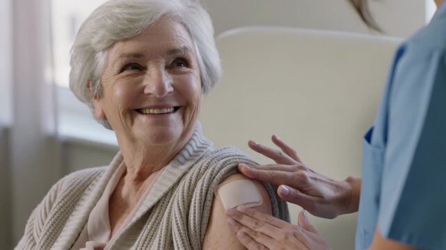 Post-injection caregiver in blue scrubs applying patch to senior arm near window, covering site