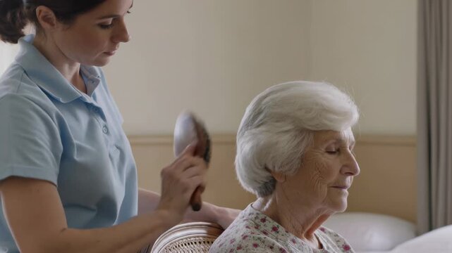 Lifting paddle-brush, caregiver in blue polo brushing senior at bedside, smoothing hair for care