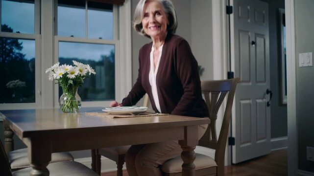 Cam zooming causing older woman brown cardigan smiling straightening at dining table window papers