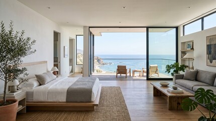 Fototapeta premium Modern luxury bedroom and living room interior with sliding glass doors opening to a scenic balcony and blue ocean view
