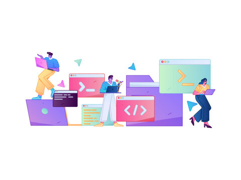 Programming teaching development flat character vector concept operation hand drawn illustration
