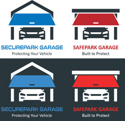 Obraz premium Garagenbau und Parkhaus Logo Set mit Auto, Garagentor, Securepark und Safepark Schriftzug