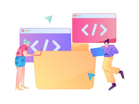 Programming teaching development flat character vector concept operation hand drawn illustration
