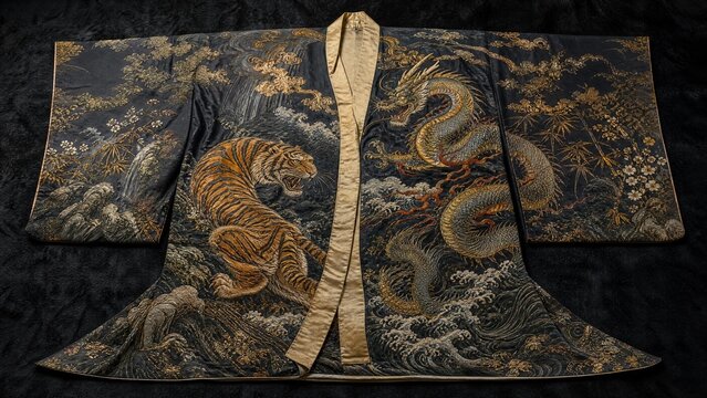 An unfolded kimono with embroidered dragon and tiger pattern on dark fabric.