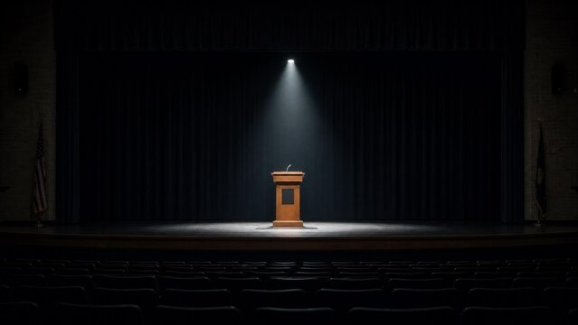 An empty auditorium stage with a single lectern under a spotlight.