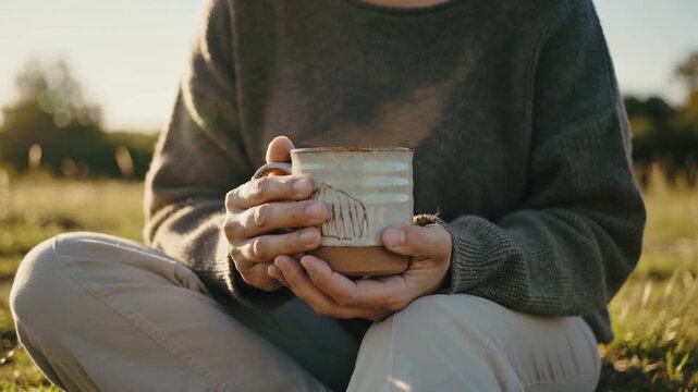 Cradling woman in knit sweater cupping ceramic mug on sunlit grass as steam rises, seeking warmth