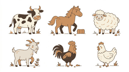 Fototapeta premium Animals Farm Set with Cow, Horse, Sheep, Goat, Rooster, and Hen in Cute Cartoon Style on White Background