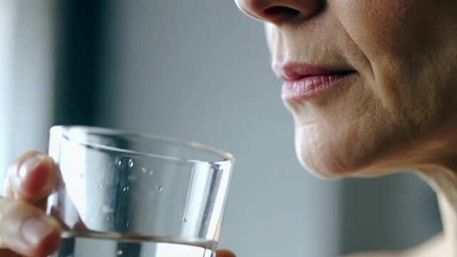 Sipping woman feeling thirsty lifting clear glass to lips at home, quenching thirst, copy space