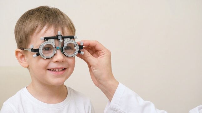 Smiling child wearing a trial frame during a pediatric eye exam as an ophthalmologist adjusts lenses in a bright clinic.