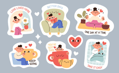 Obraz premium Cute self care sticker pack. Positive quotes, cozy reading, meditation, warm drinks, rest, mental health and comfort, characters with hearts and books, garish vector cartoon isolated set