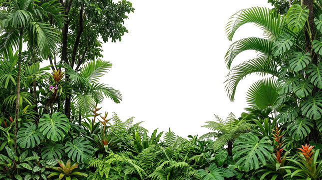 Tropical Jungle Border Frame Plant Foliage Isolated Transparent Background PNG Palm Monstera Fern Leaves Rainforest Tree Exotic Bush Nature Greenery