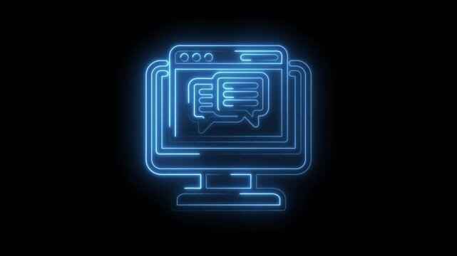 Glowing blue neon outline of a computer monitor displaying chat bubbles and a browser window icon